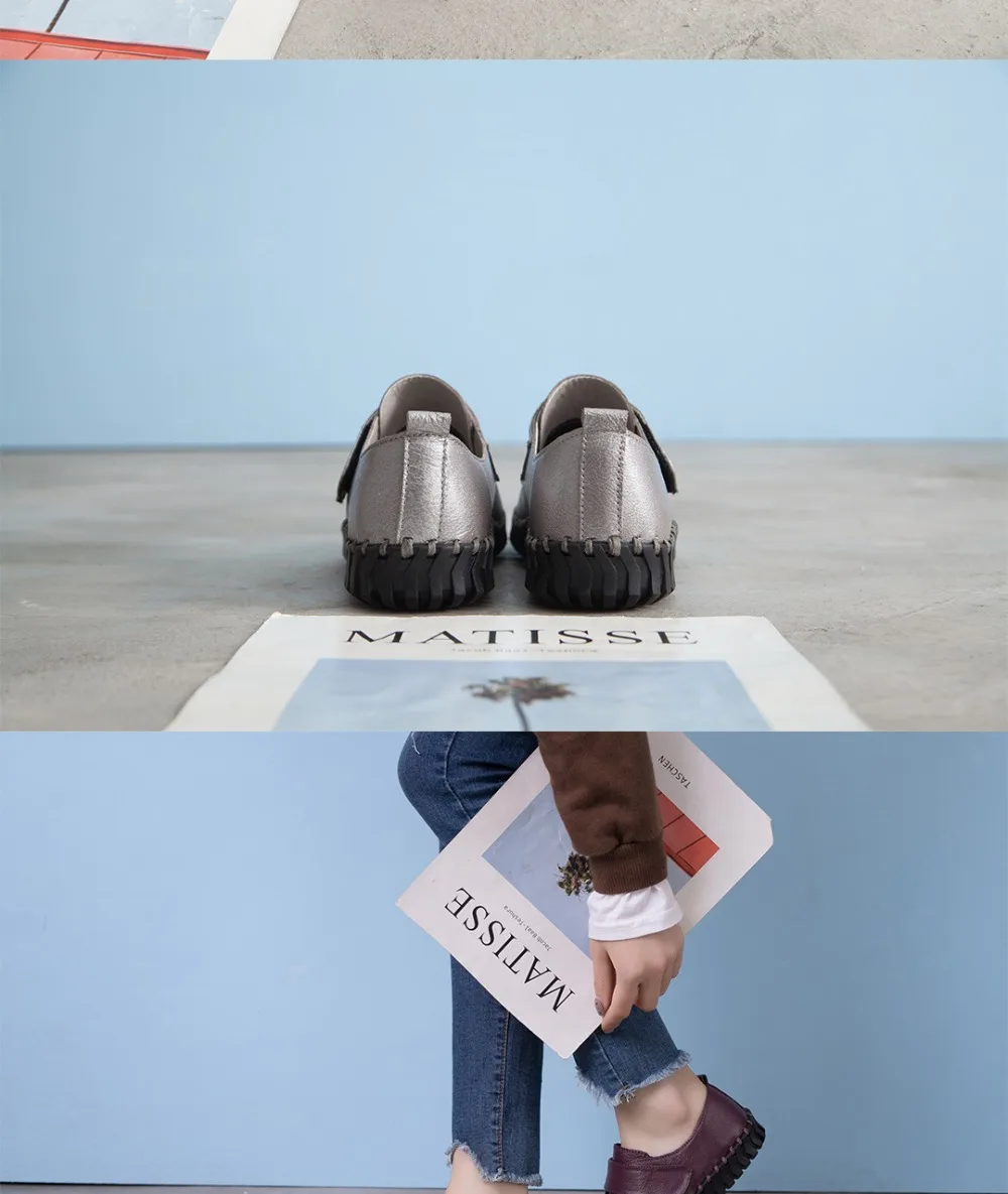 Spring Ladies Genuine Leather Handmade Shoes Women Hook&Loop Flat Shoes Women Autumn Soft Loafers Flats