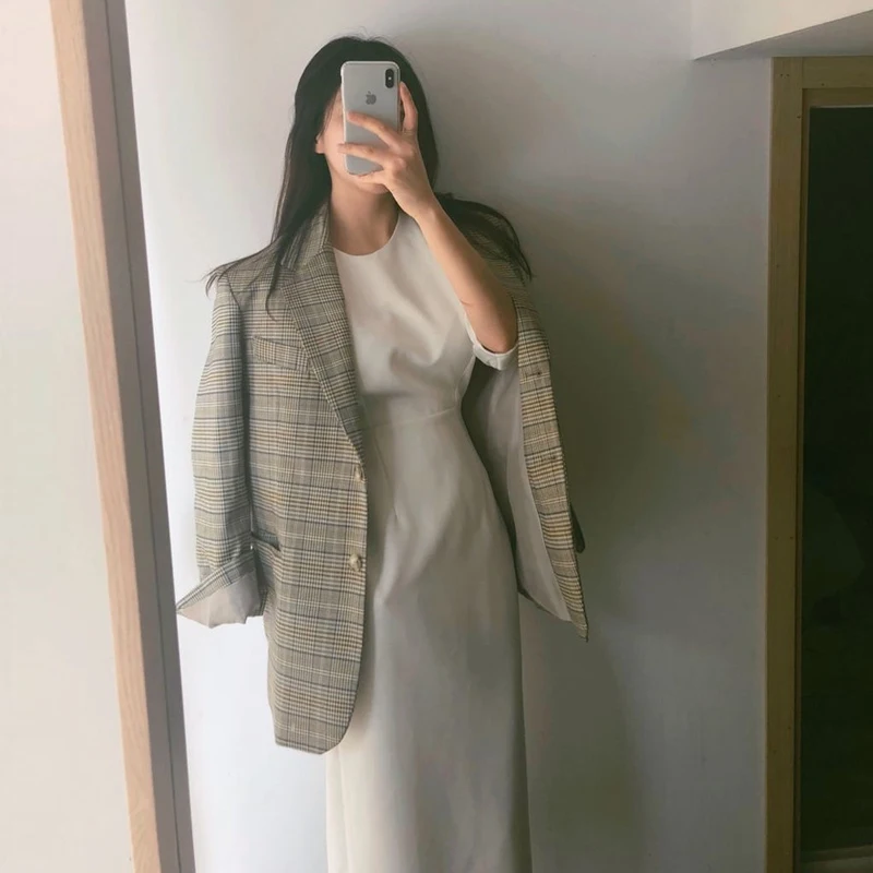 

Elegant Spring and Autumn Ladies Office Dress Fashion Pure White Simple Dress Waist Long Sleeve O Collar Joker Casual Dress