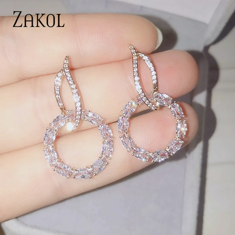Модные серьги ZAKOL с кубическим цирконием, круглые женские серьги для свадьбы, ужина, работы, отдыха, праздника, подарка на день рождения, ювелирные изделия FSAEP086