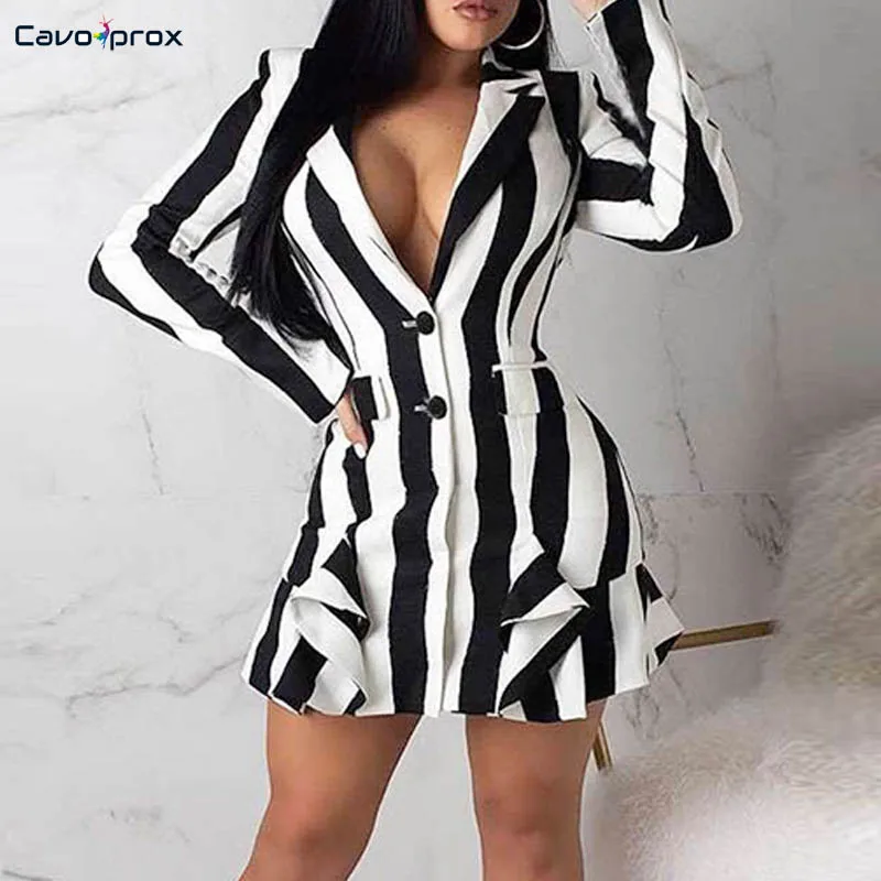Women Colorblock Striped Ruffles Detail Blazer Dress Single Breasted Long Sleeve Above Knee Mini Turn-down Collar Spring | Женская