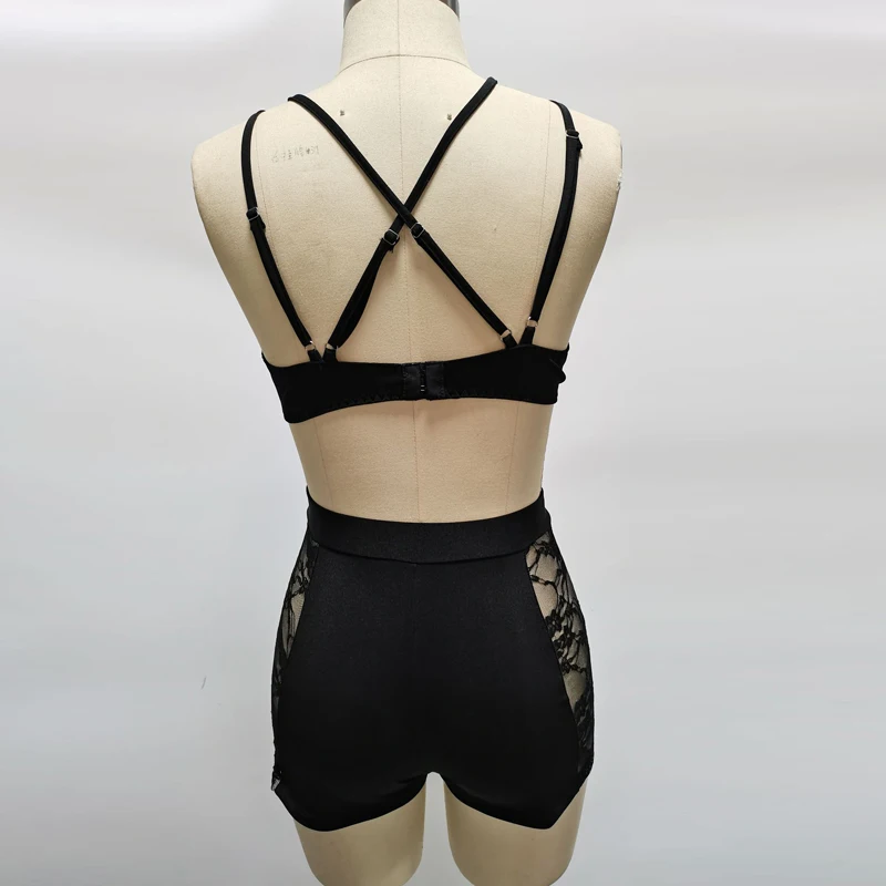 

Beyprern Chic Black Lace Lingerie Set Two-Piece Outfits Sexy Hollow Out Bra Top And Shorts Set Party Club Overalls Sleep Wear