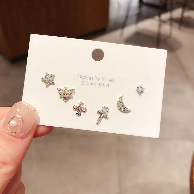 Модные серьги гвоздики с фианитом 6 шт. набор милые изображением Звезды Луны