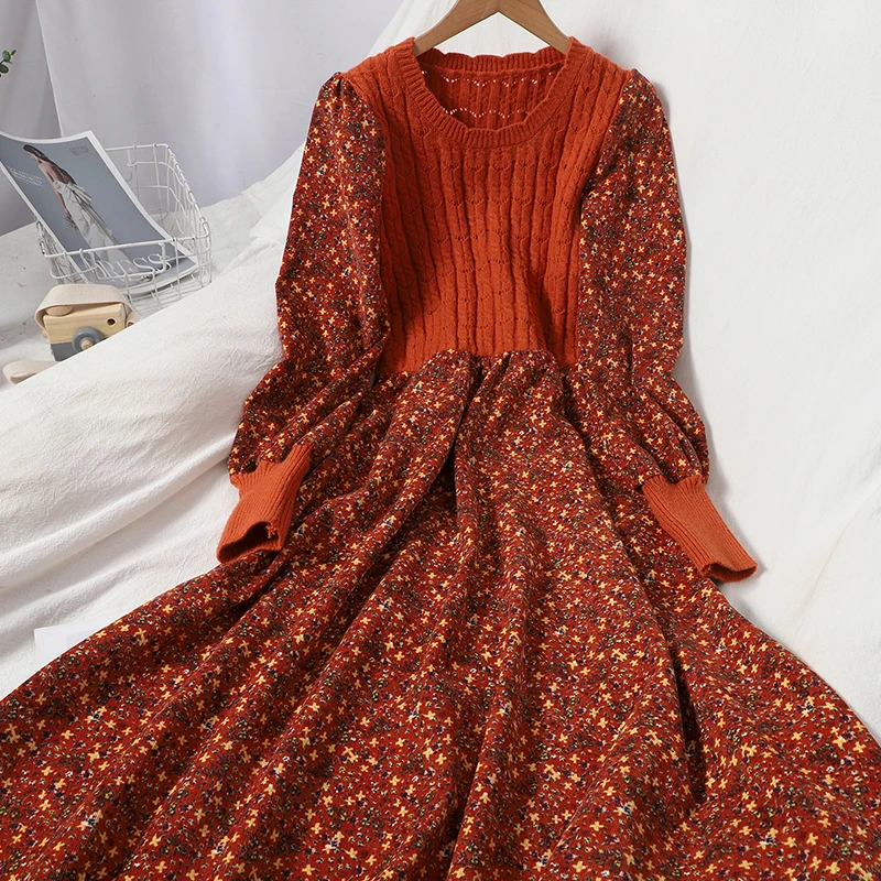 

Vintage Elegant Maxi Dresses for Women Patchwork Knitted Vestidos Slim Bandage Long Robe Fashion Floral Corduroy Dress