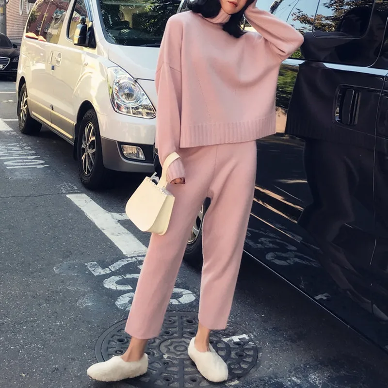 New arrival Autumn winter Knitted Tracksuit Turtleneck Sweatshirts for Women Suit Clothing 2 Pcs Set Knit top Pants suit Female