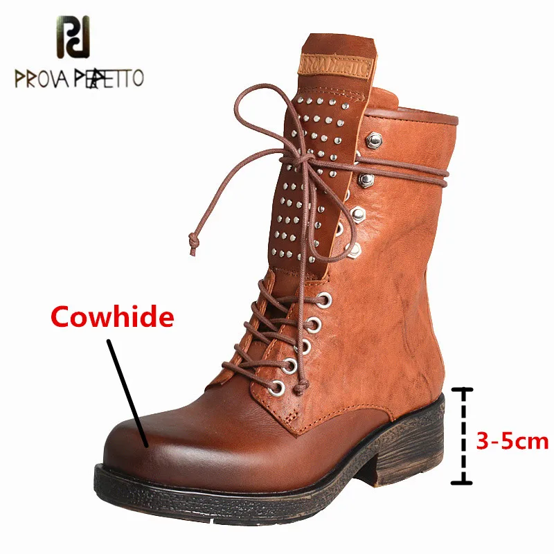 

Prova Perfetto Rivet Plush In Women's Chelsea Boots Retro Do Old Mixed Colors Genuine Leather Square Toe Cross-tied Casual Shoes