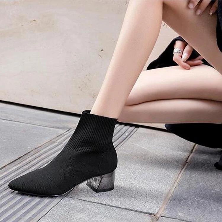 Пикантные Черные ботильоны женские вязаные эластичные ботинки с острым носком