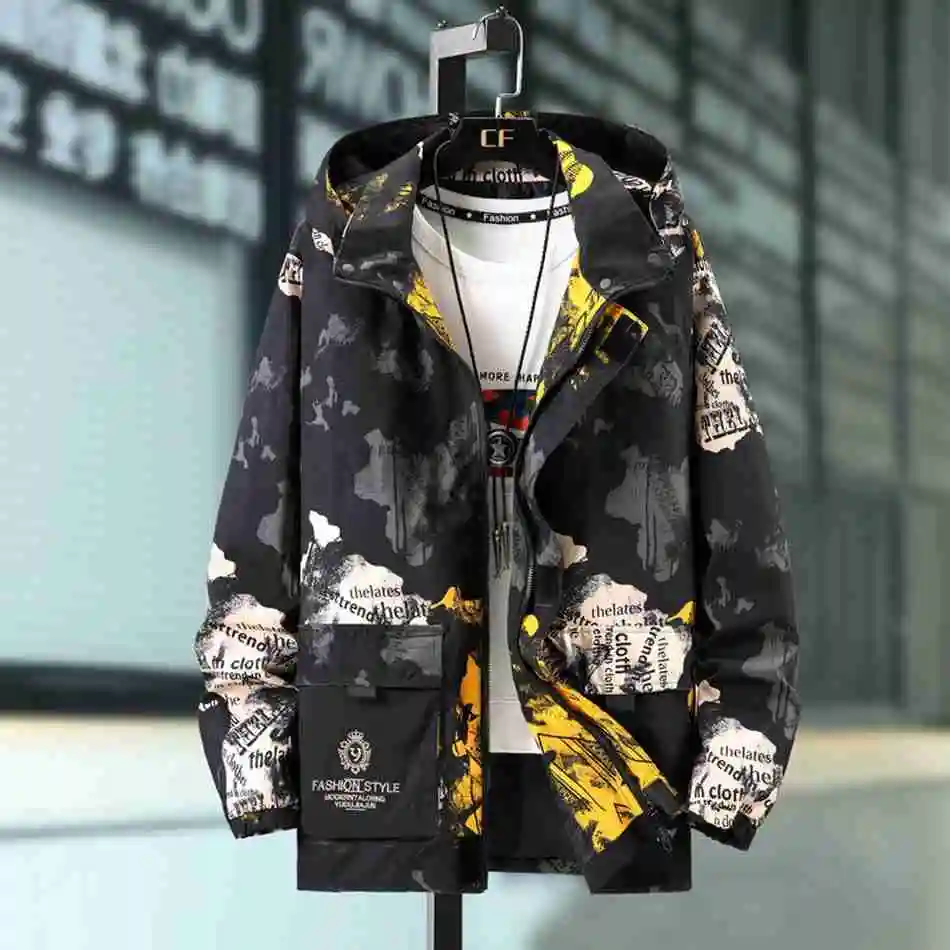 

autumn men Windbreaker trench hooded Camouflage letter pockets plus size 8XL 9XL 10XL cool jacket loose trench 150KG 70 54 52 56