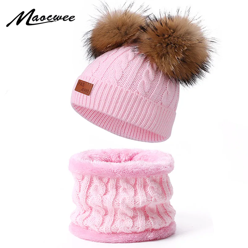 

Children's Hats Scarf Hat Set Girls Woman's Pompon Beanie Cap Keep Warm Winter Knitted Skullies Crochet Solid Color Female