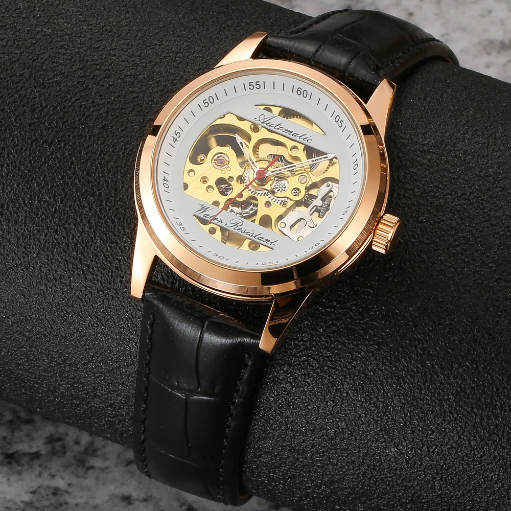 Часы-скелетоны Мужские механические золотые водонепроницаемые до 30 метров |