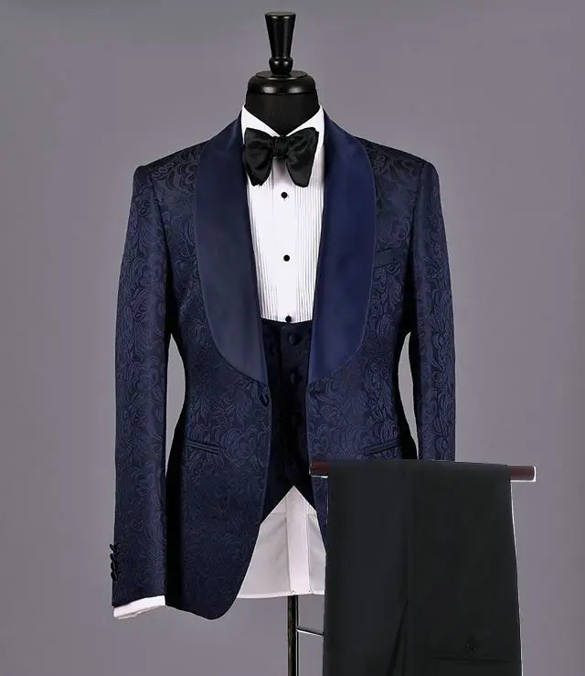 

2021 Tailor-Made Burgundy Wedding Men Suits Slim Fit Tuxedo 3 Pieces Suits Groom Prom Jacquard Blazer Terno Masculino Suits