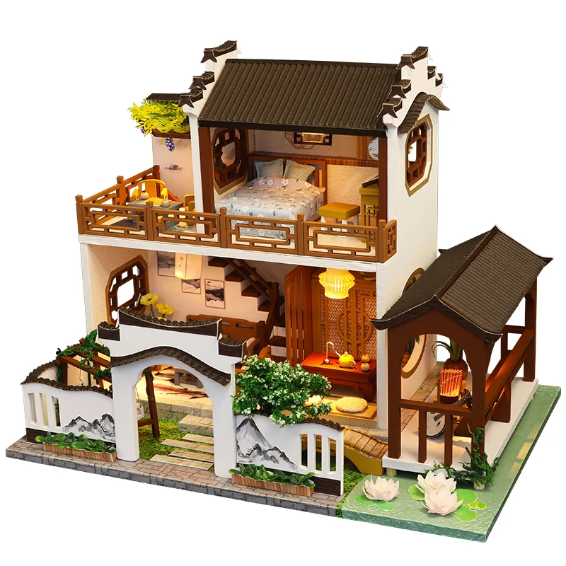 

DIY Romantic Chinese Retro Courtyard Wooden Dollhouse Miniature With Furniture Doll Houses Assemble Toys Children Christmas Gift