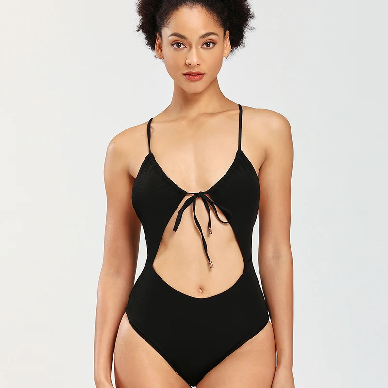 

2021 Summer Wading Suit Push-up Swimsuit Knitted Pure Ladies Black Bikini Summer New Sexy Backless Bow Tie One-piece Swimsuit