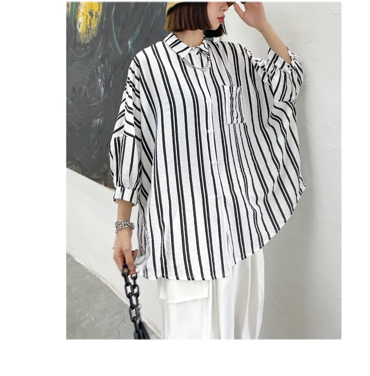 

2021 Summer Women New Japanese Stripe Shirt Ladies Single-Breasted Loose Slimming Irregular Blouses Batwing Sleeve Buttoned Top