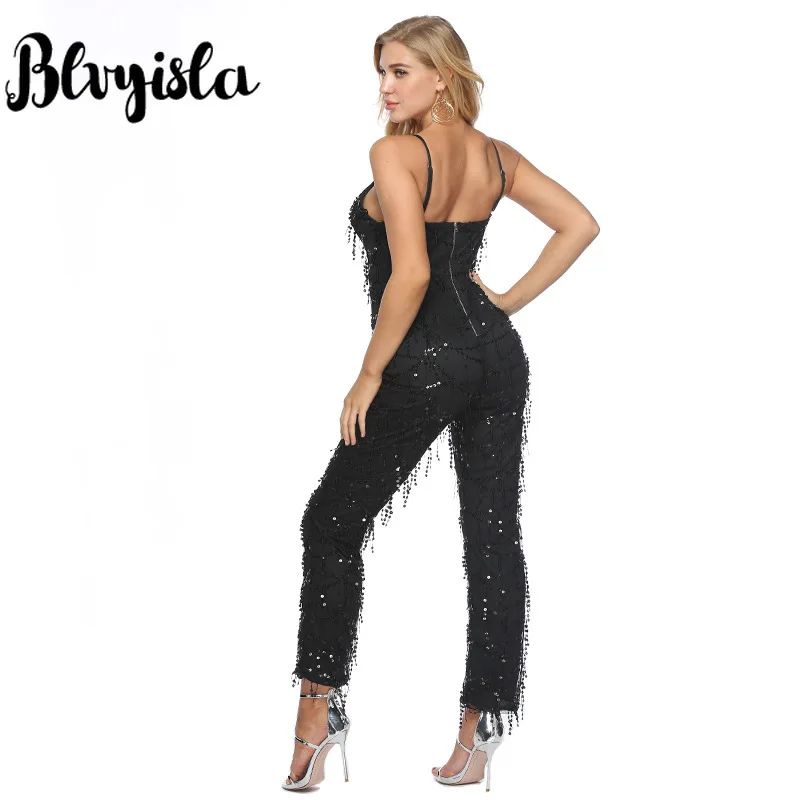 

Blvyisla Deep V Neck Long Sling Jumpsuit Sexy Women Black Tassel Sequined Romper Overalls Playsuits Sexy Party Wear