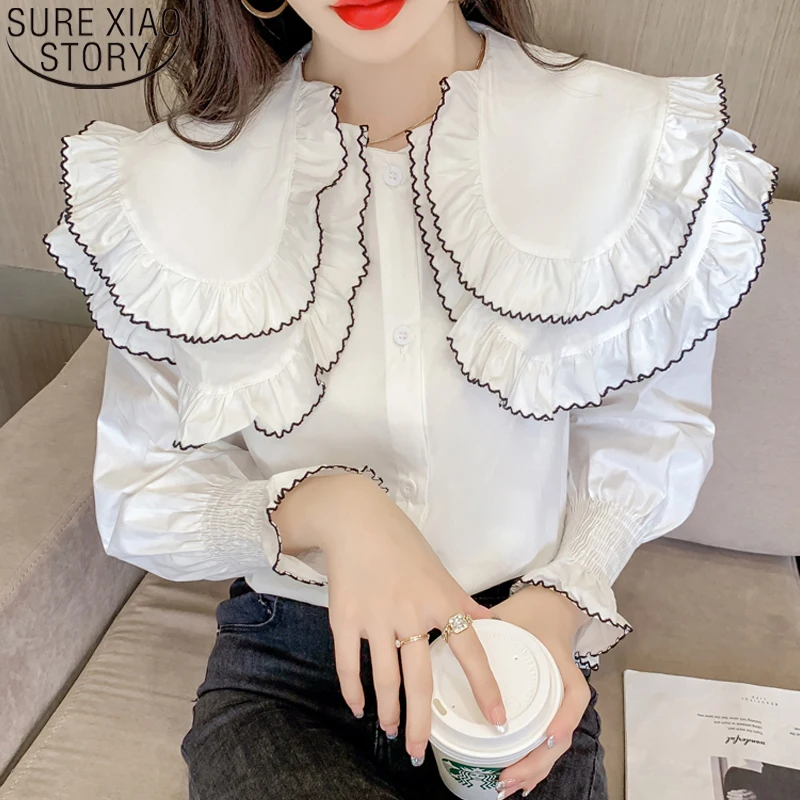 

Korean Fashion New Sweet Peter Pan Collar Blouse White Long Sleeve Ruffles Tops Casual Loose Cotton Elegant Clothes Blusas 16967