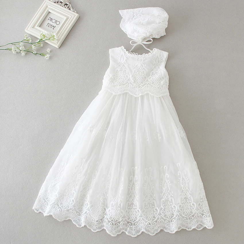 sleeveless Комплект с платьем для крещения, с шапкой, длинное кружевное платье для крещения, белое платье для новорожденных, одежда для крещения, одежда для крещения - Цвет: sleeveless