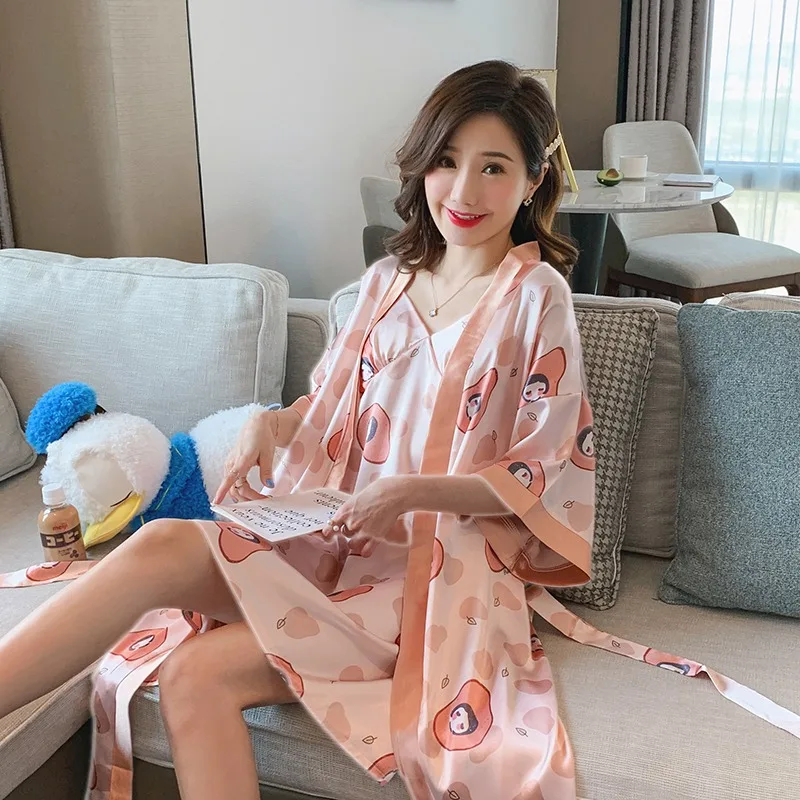 

2PCS Silk Satin Sexy Lingerie Nightgowns Robes Set for Women Summer Sleepwear Comic Print Night Dress Home Dress Bathrobe Nighty