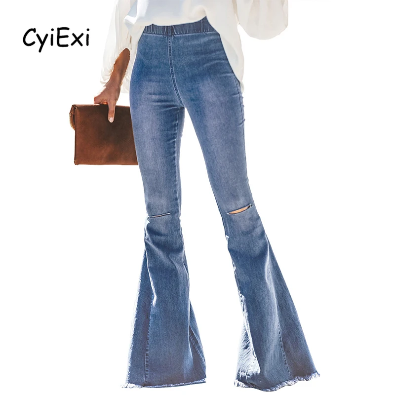 

Женские винтажные джинсы-клеш CyiExi с эффектом потертости, повседневные Широкие джинсовые брюки с высокой талией и эластичным поясом, джинсы для мам, длинные джинсы с колокольчиком XXL
