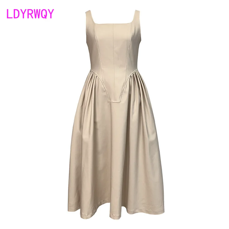 

LDYRWQY Summer sling French design vest puffy dress Office Lady Knee-Length V-Neck Polyester
