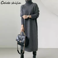 korean fashion woolen dress women winter new turtleneck elegant gray long sleeve knitting dress solid autumn sweater clothing