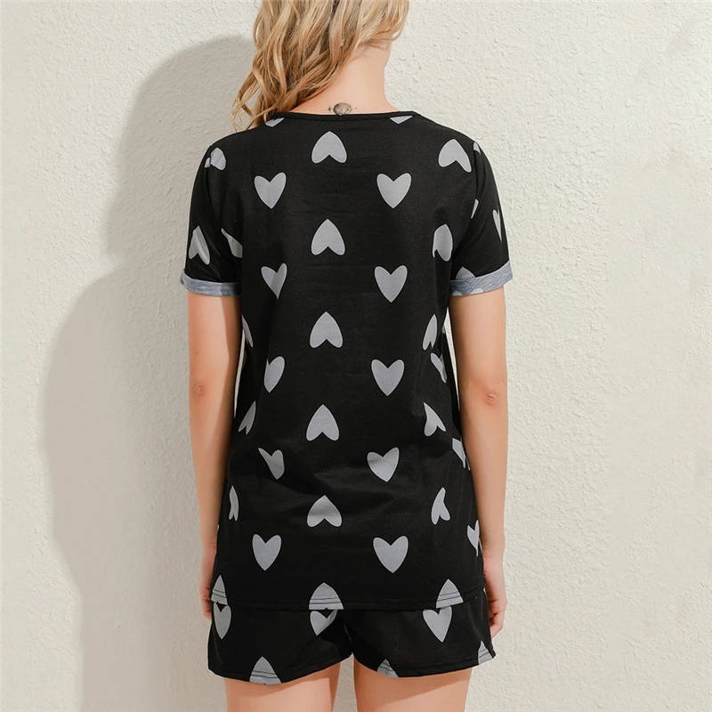 Women Summer Two Pieces Set Casual Heart Printed O Neck Short Sleeves Tops Elastic Waist Shorts Fashion Female Clothing Suit |