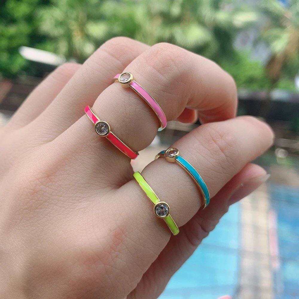 

10PCS, Brass Gold Plated Adjustable Enamel Rings,Colorful Enamel Ring,Enamel Micro Pave Rings,Dainty Trendy Rings