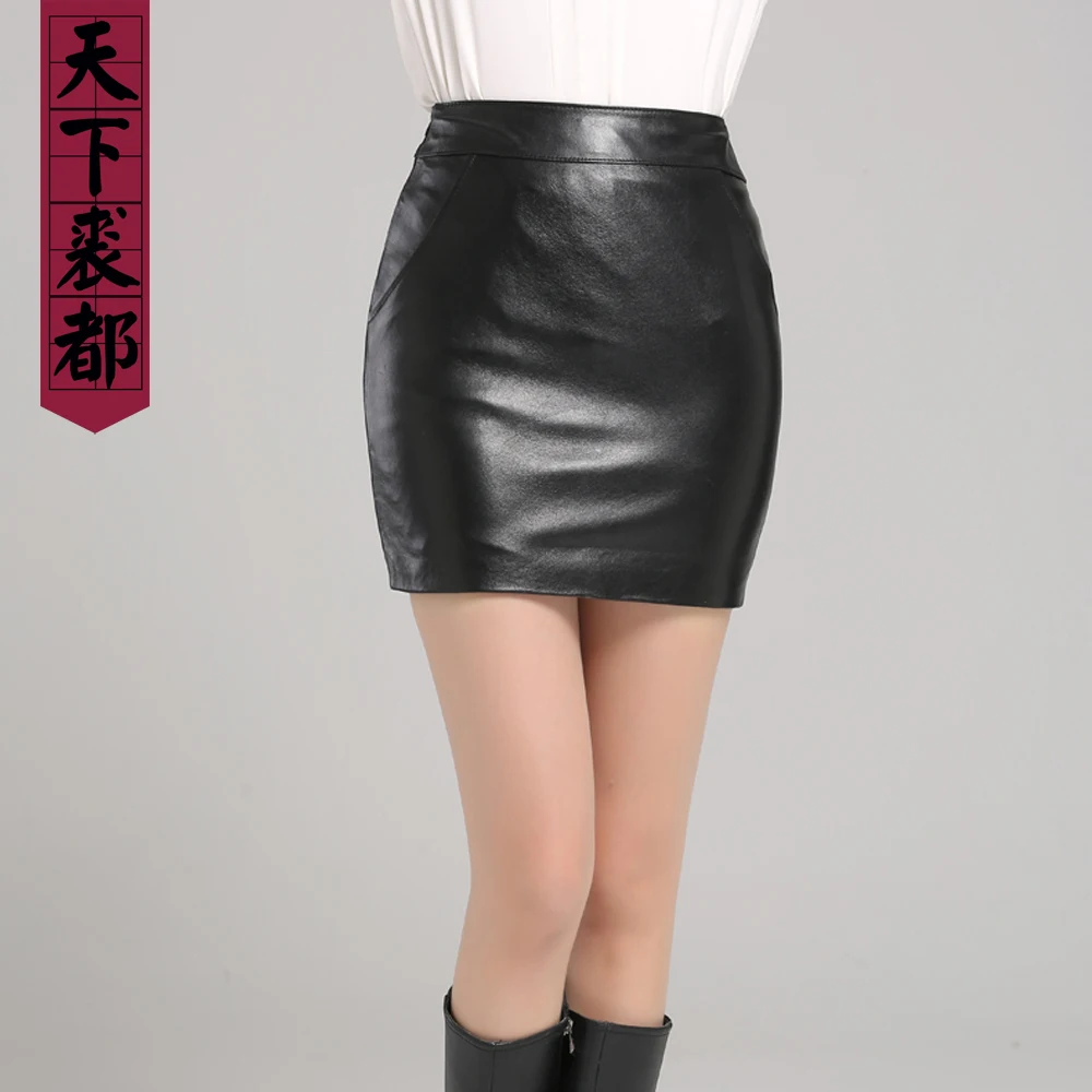 Модная женская сексуальная юбка из натуральной овечьей кожи черная короткая