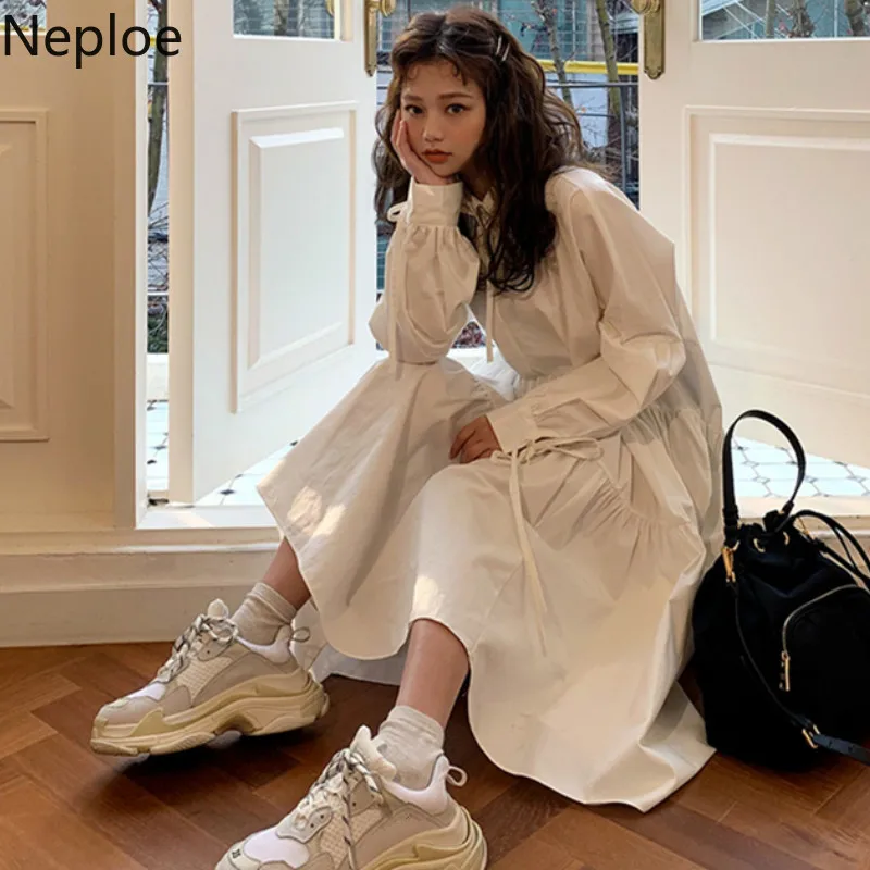 Neploe, корейское, шикарное женское платье, лето, Ретро стиль, отложной воротник, длинный рукав, vestidos, свободные, на завязках, одноцветные платья, 44572