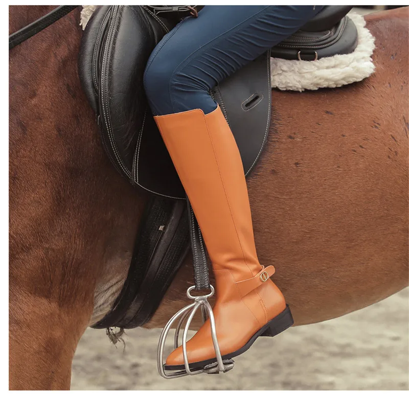 

Riding Boots Leather Handsome Mid-Calf Women Shoes Pure Color Equestrian Ladies Boots New Flat Rider Plush Winter Botas De Mujer