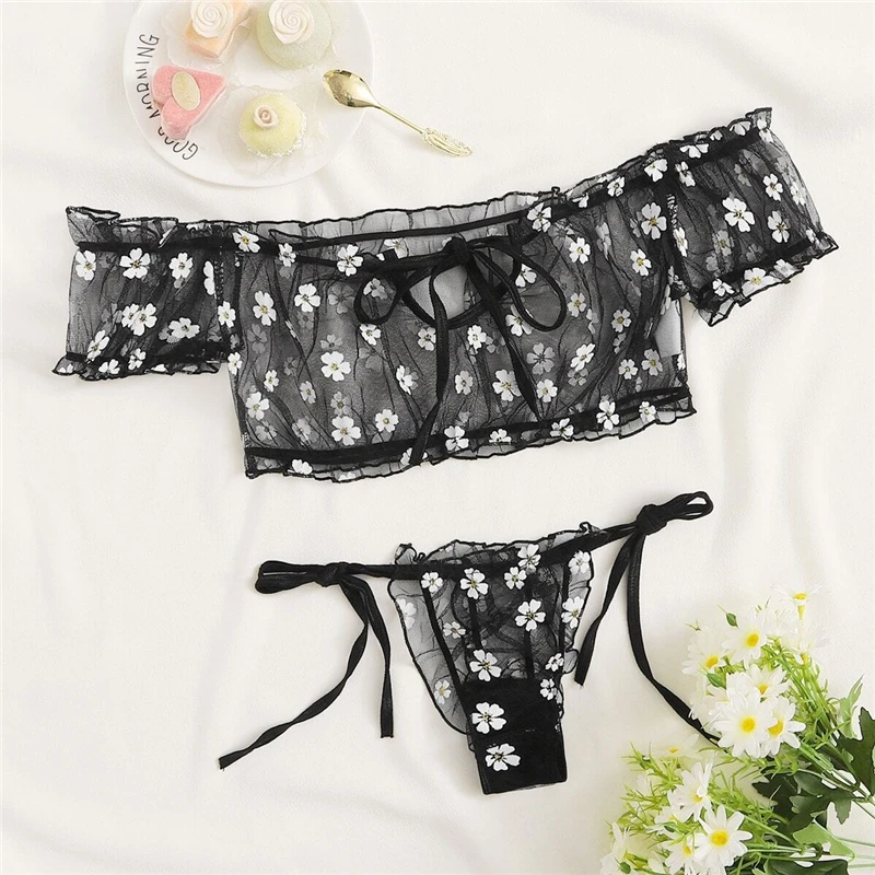 

Women's Lingerie Set Flower Print Mesh Off Shoulder See-Through Top And Panty Two-piece Suit for Honeymoon Party Anniversaries