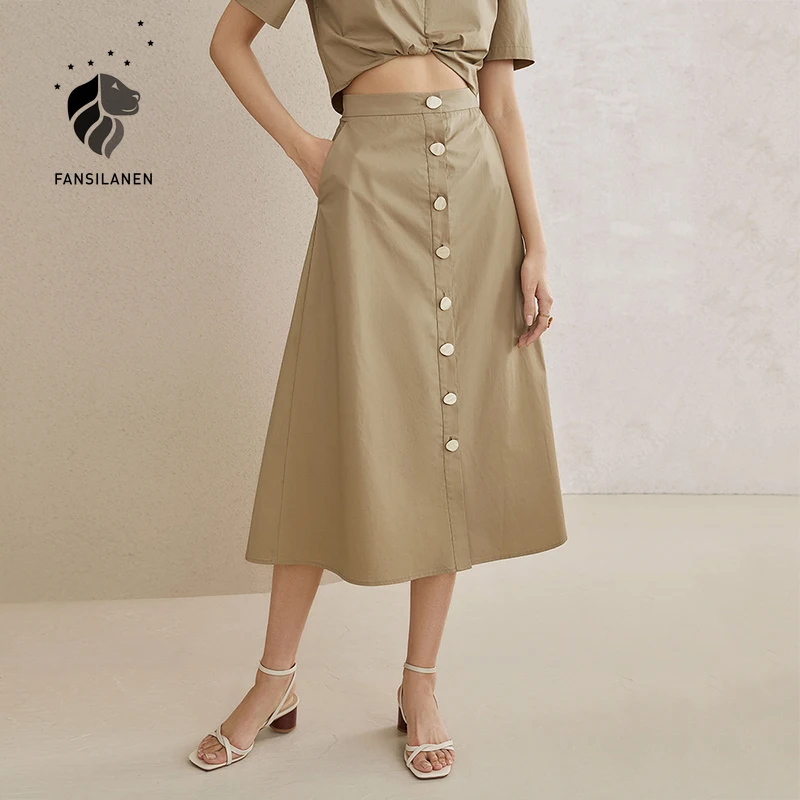 

FANSILANEN Elegant high waist long a-line skirt Women office lady casual button wrap skirt Spring summer cotton vintage skirt