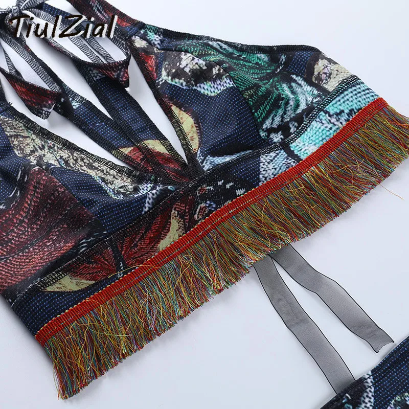 

TiulZial Print Beach Holiday Summer Dress Set Women Tassel Backless Crop Top And Mini Skirt Two Pieces Bodycon Dresses