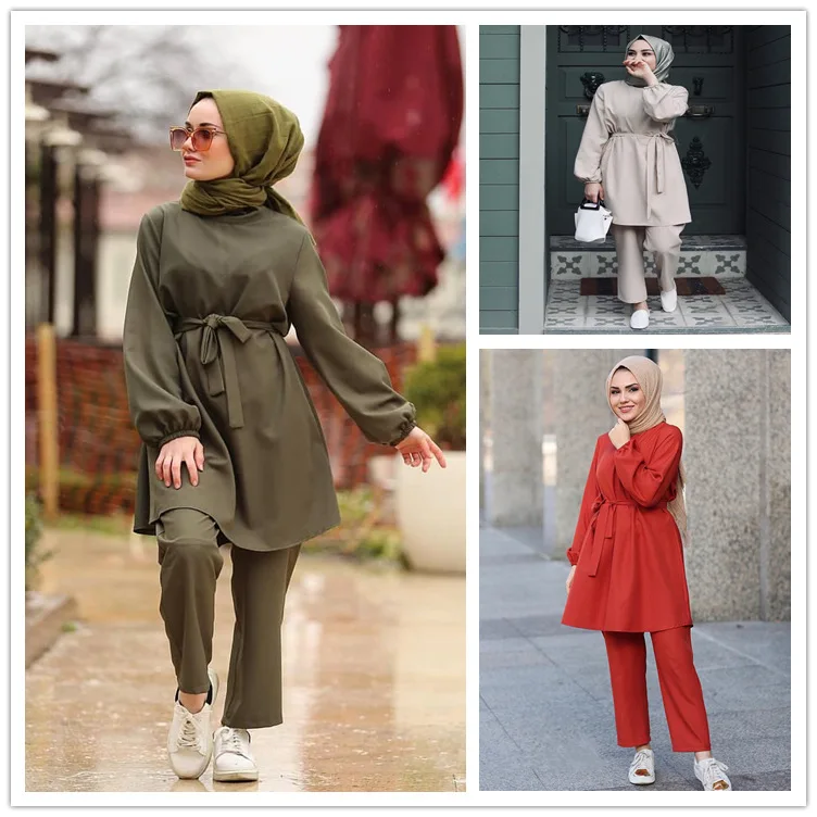 

Muslim 2PCS Suits Tops Pants Dress Sets UAE Ethnic Kimono Katfan Middle East Ramadan Eid Mubarak Arab Islamic Musulman Ensembles