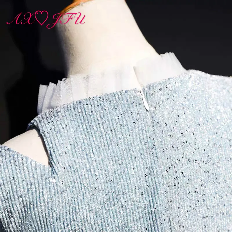 

AXJFU princess silvery evening dress vintage high neck ruffles sparkly bride party a line zipper bride evening dress