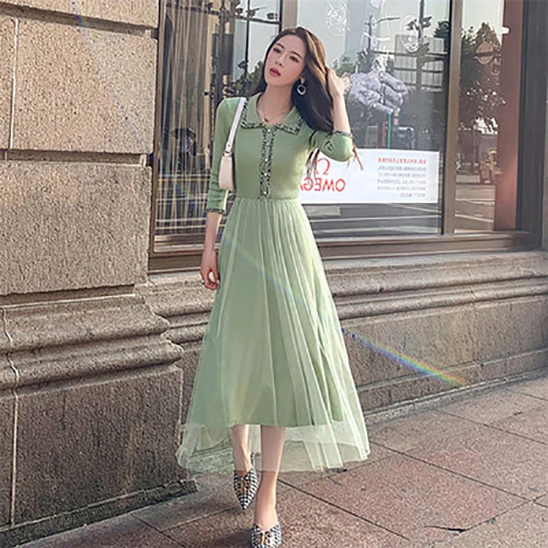 

New Autumn and Winter Long Sweater Dress Splicing Tulle Beading Fall Knitted Fashion Clothes for Women 2021