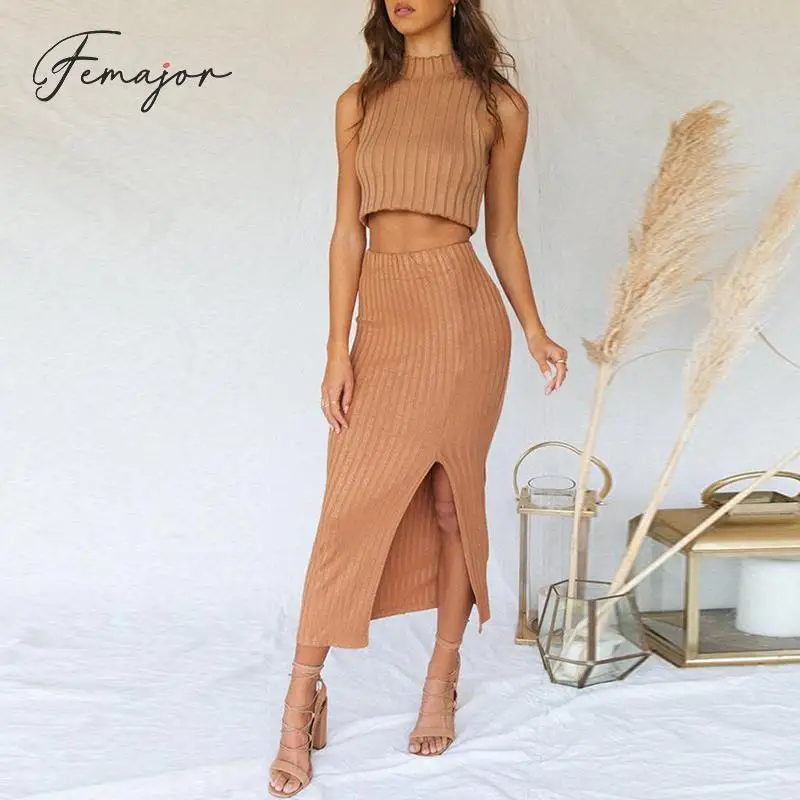 Femajor Женская мода 2 шт вязаное платье женское осень 2019 без рукавов короткий топ