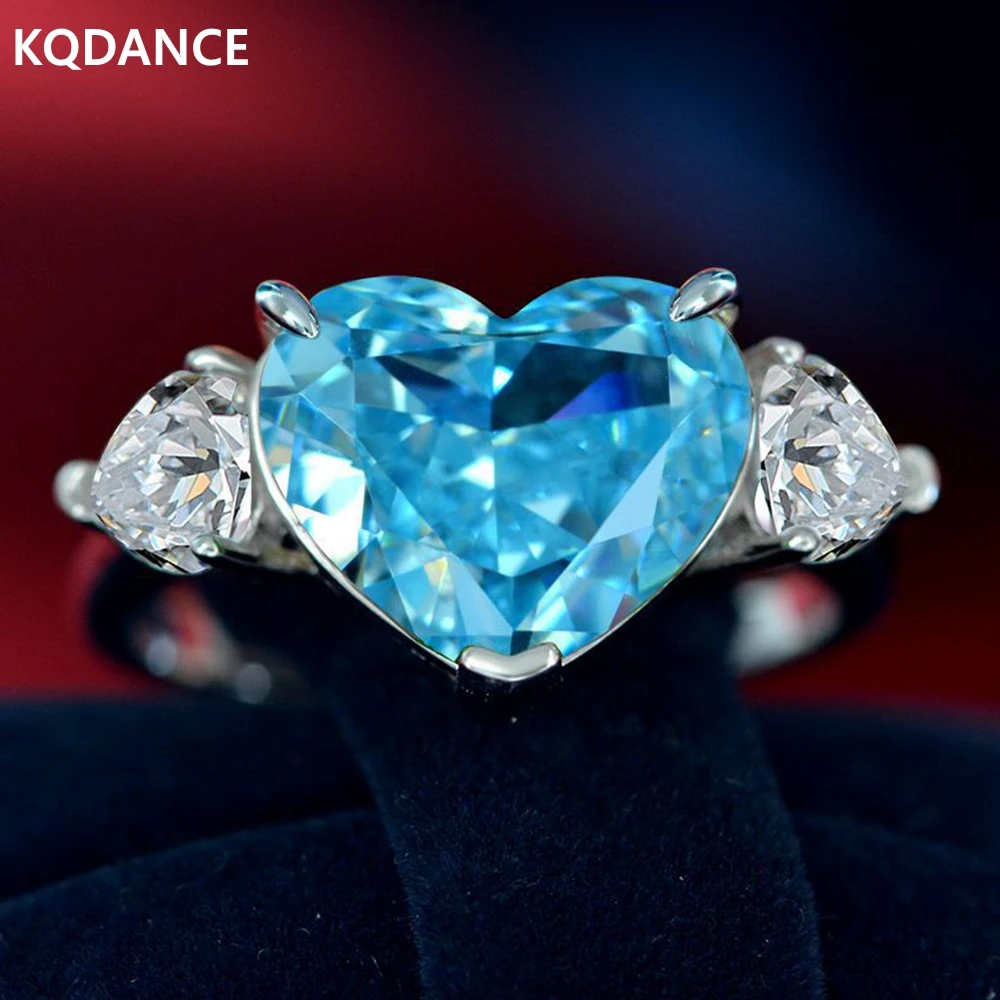 

KQDANCE Solid 925 silver Simulate citrine/green/Aquamarine pariba moissanite Diamond heart Rings with blue/red/pink stone 2021