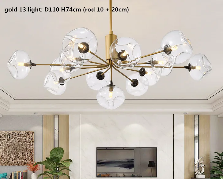 gold 13 light Подвесная освещающая Люстра для гостиной в скандинавском стиле G9, светодиодная люстра черного/золотистого цвета с металлическим стеклом, светодиодная люстра Lamparas - Цвет абажура: gold 13 light