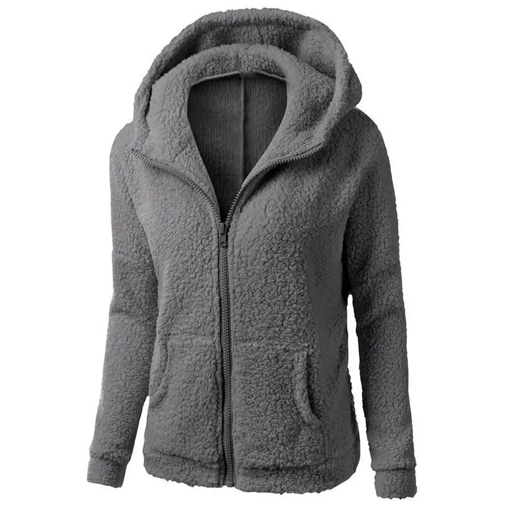 Women Fleece Sweatshirt Autumn Warm Soft Thicken Hooded Jackets Fashion Solid Zipper Long Sleeve Female Outwear Plus Size - Цвет: DARKGREY