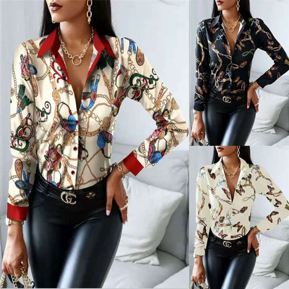 

2021 New Products Shirts Fashion Casual Women's Blouses Print Contrast Color Lapel Long-Sleeved Temperament Slim-Fit Shirt