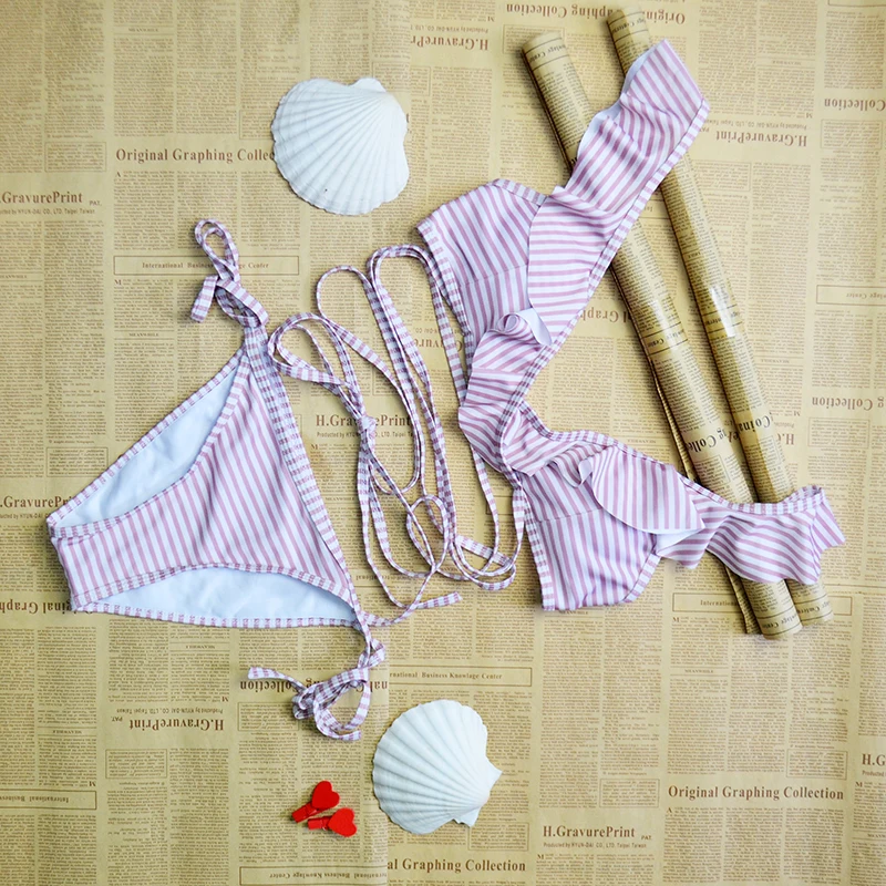

Sexy pink striped beach Girl bikini summer tie swimsuit Women's fashion with breast pad halter swimsuit casual swimsuit