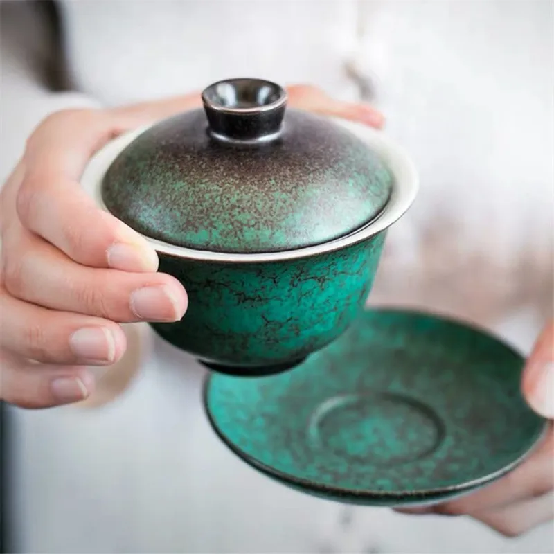 

Ceramic Antique Kung Fu Gaiwan Craft Pottery Tea Cup Handmade Tureen Water Mug with Saucer and Lid Retro Tea Bowl Drinkware
