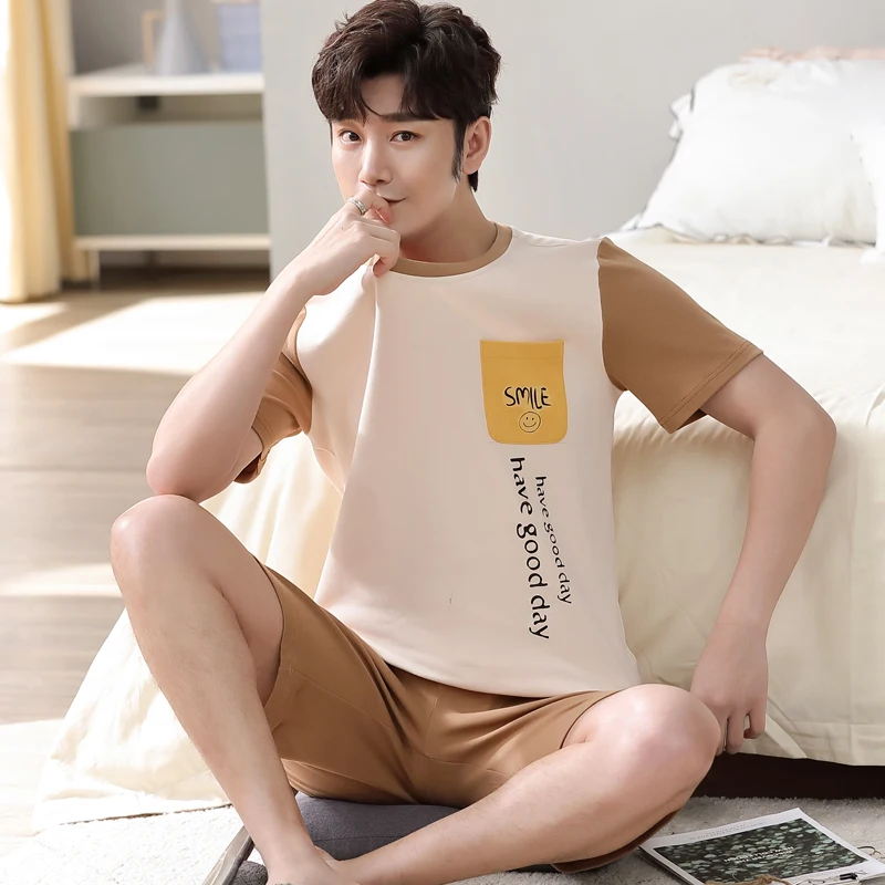 NANJIREN New Summer Men Pajamas Set Home Casual Homewear Short Pajama Suit Short Sleeves O-NECK Shirt Shorts Pajamas Set for Men