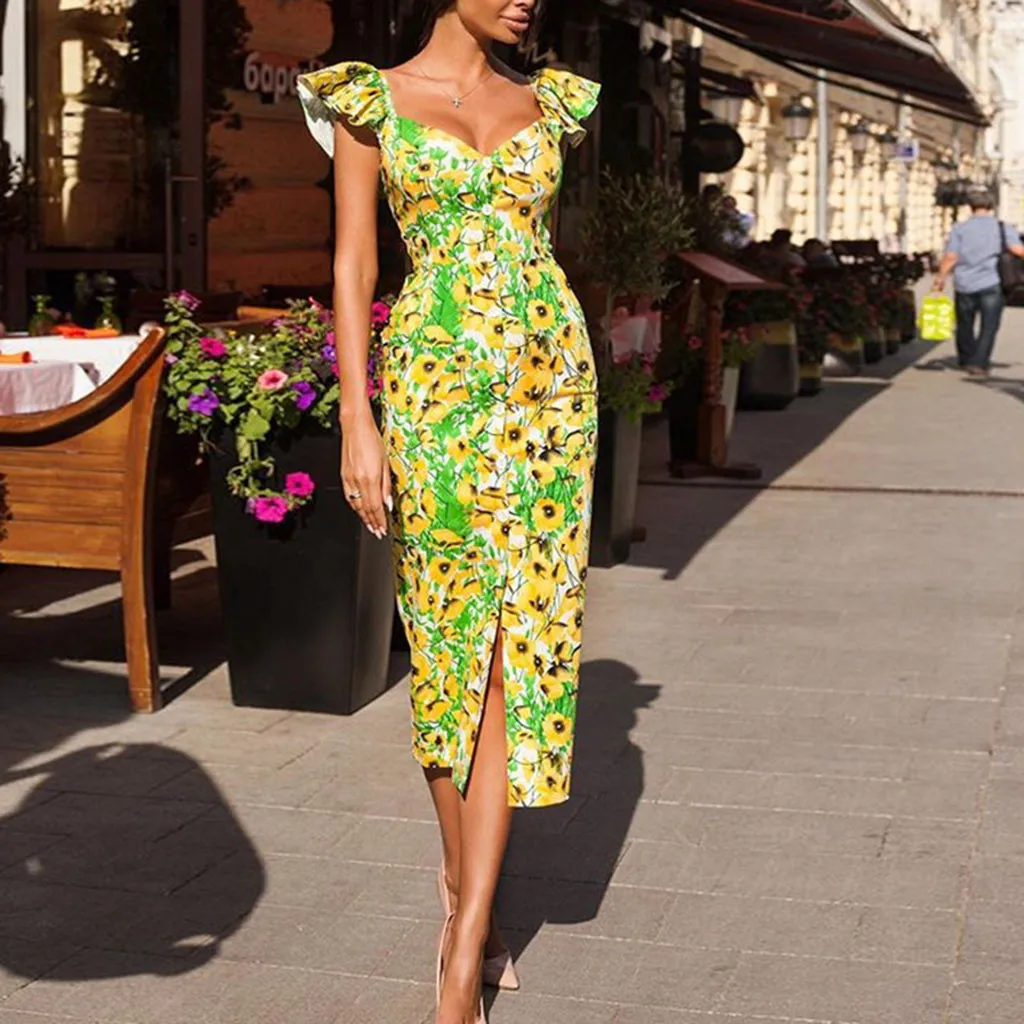 Сексуальное женское платье с v-образным вырезом винтажное цветочным принтом