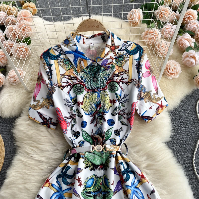 

2021 Summer New Style Fashion Temperament European Station Vestidos Ladies Shirt Collar Breasted Slim Printed Midi Dress KK554