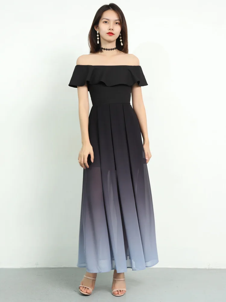 Женское вечернее платье с оборками шифоновое без бретелек открытыми плечами