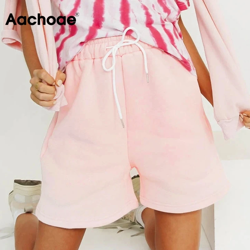 

Aachoae 2021 Fashion Home Loose Cotton Sweatpants Shorts Women Solid Elastic Waist Drawstring Casual Sport Shorts Short Femme