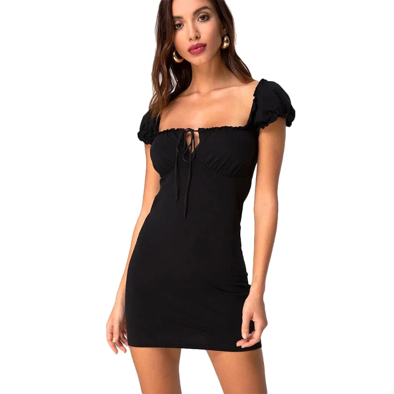 

French Retro Palace Style Square Neck Puff Sleeve Pleated Fungus Lace Up Dress Hollow Out Short Sleeve Spaghetti Strap