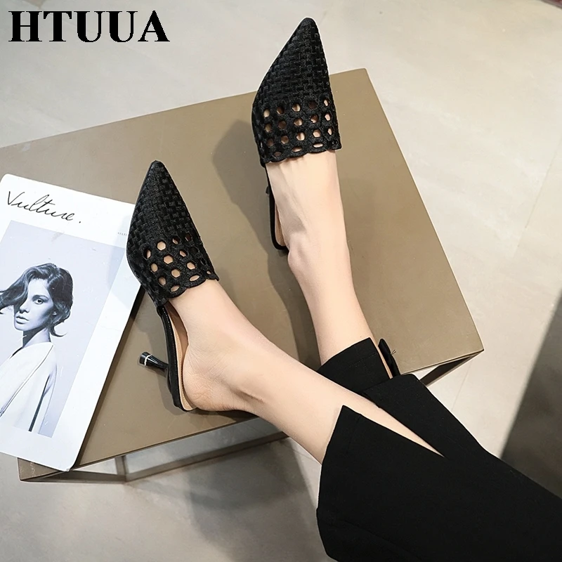 HTUUA/Новинка; сезон весна-лето; туфли без задника; женские шлепанцы; пикантные босоножки на высоком каблуке с острым носком; открытые туфли-лодочки; женская обувь; SX2344