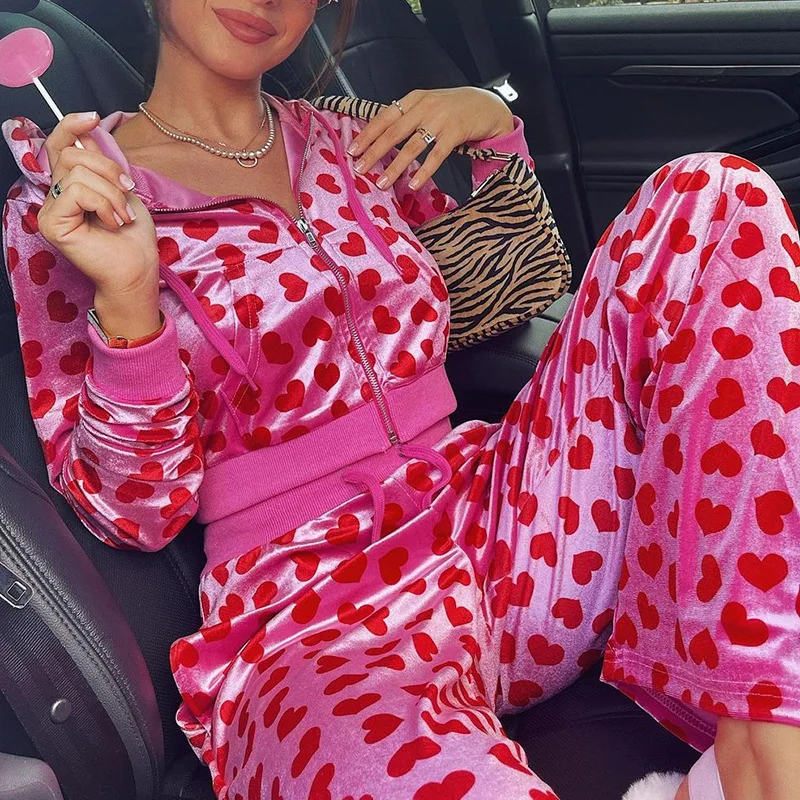 

Fashion Fall Women Zipper Love Printed Top Hoodies Pullover Sweatshirts Harajuku Long Sleeve Hoody Female Autumn Pants Tops Suit